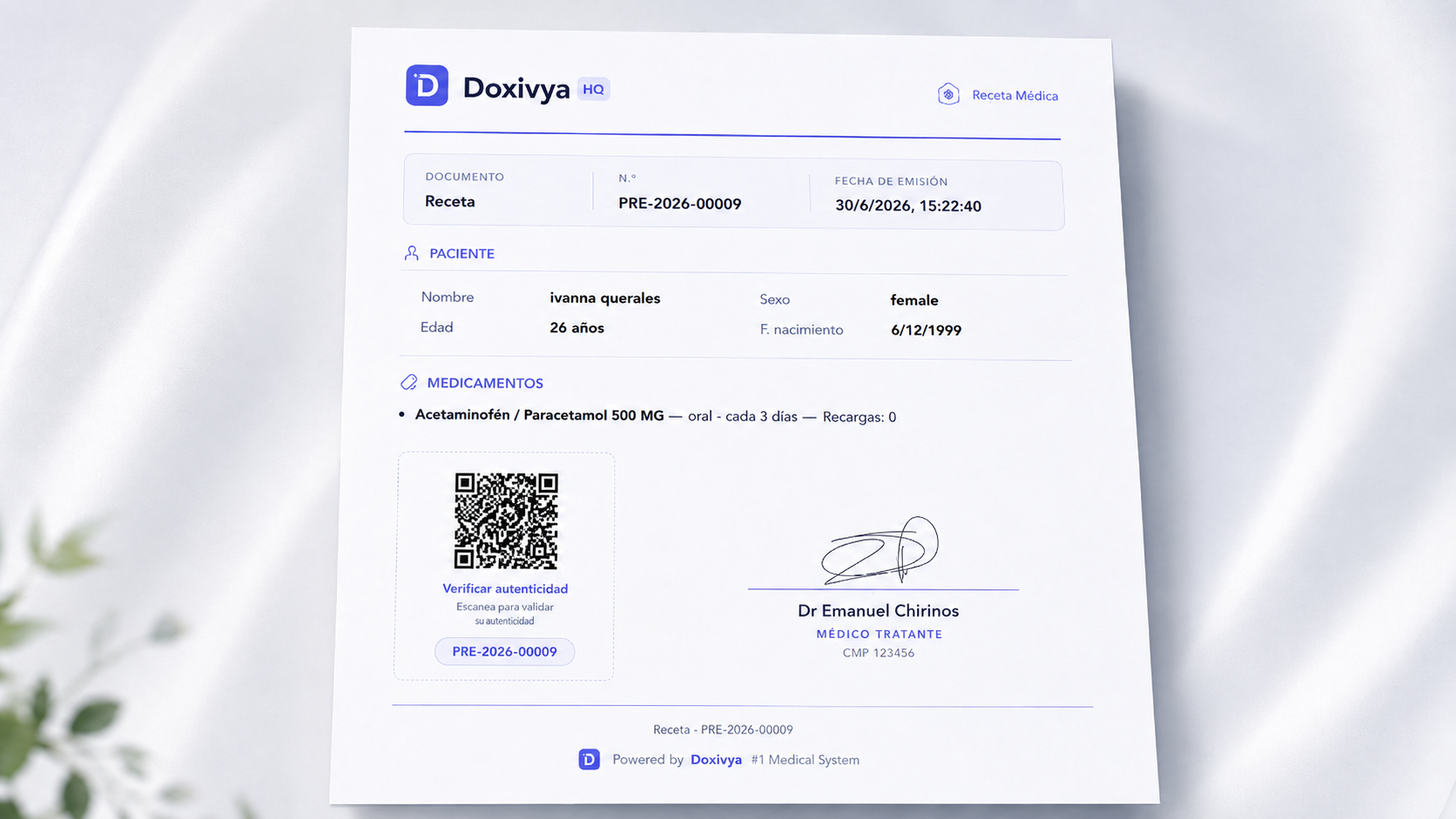 Receta médica emitida en Doxivya con QR de verificación